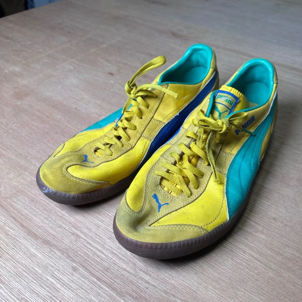 Vintage Yellow Puma Shoes With Blue And Green Stripes. RARE